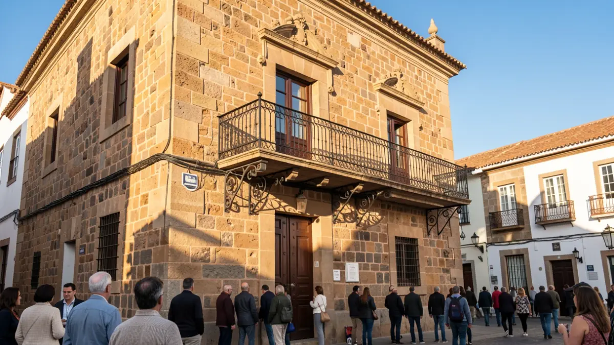 Facade of a traditional stone town hall in the Canary Islands, with an ornate iron balcony and railings, under warm afternoon sunlight.