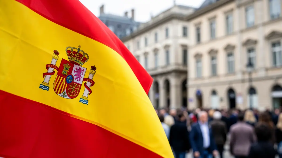 Generic image of a Spanish flag with blurred institutional buildings in the background.