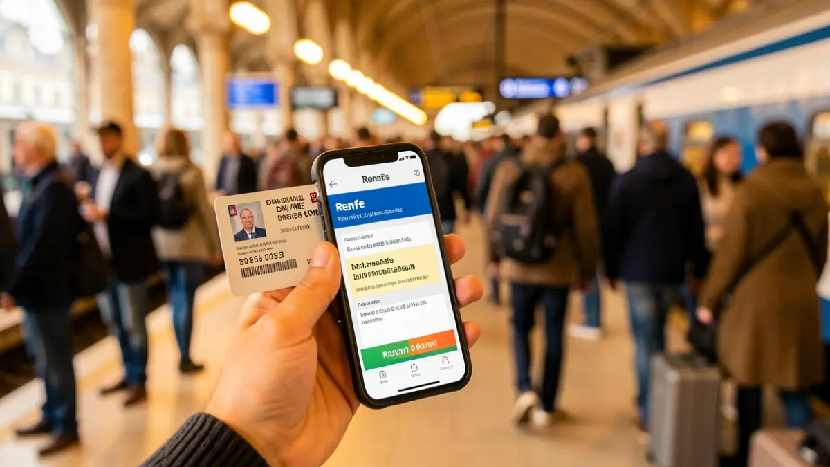 Joven mostrando su DNI y billete de tren con descuento de Renfe para el Verano Joven.