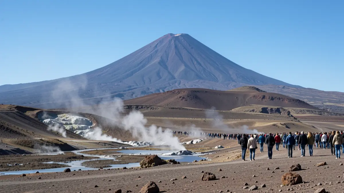 Paisaje volcánico de Tenerife con el Teide al fondo y signos de actividad geotérmica.