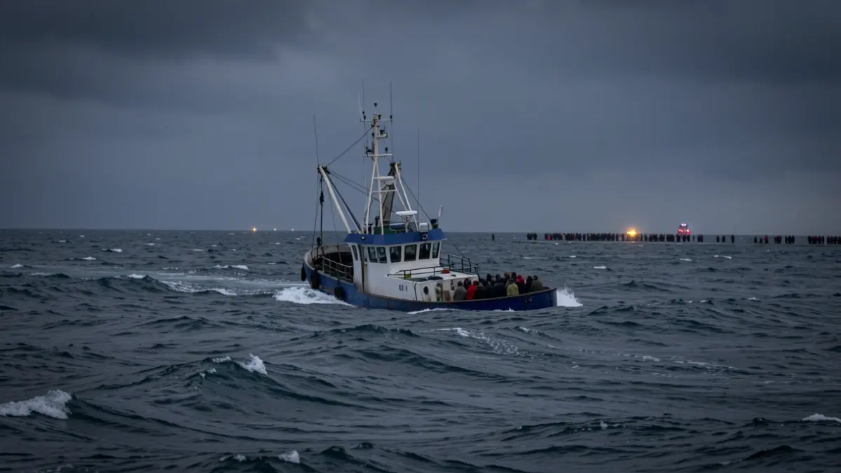 Generic image of a fishing boat adrift at sea in bad weather.