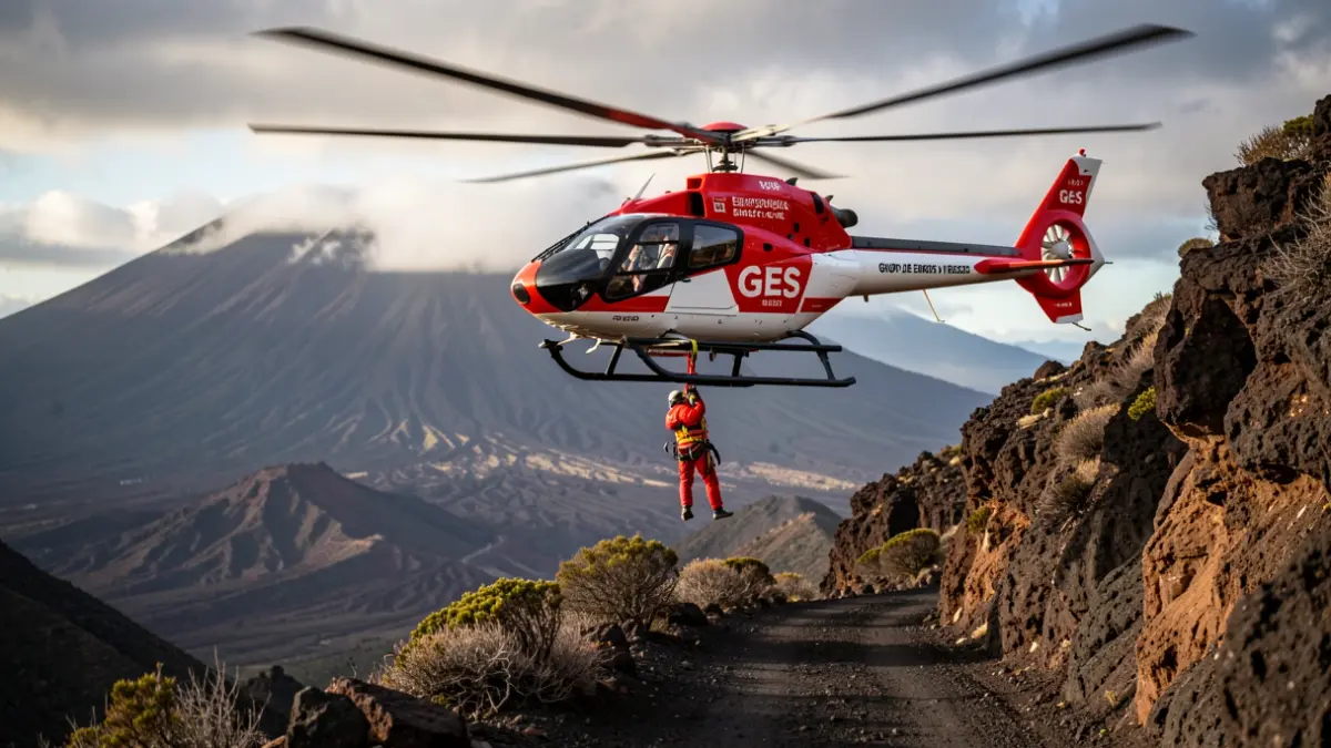 GES helicopter rescuing a person on a trail in Tenerife.