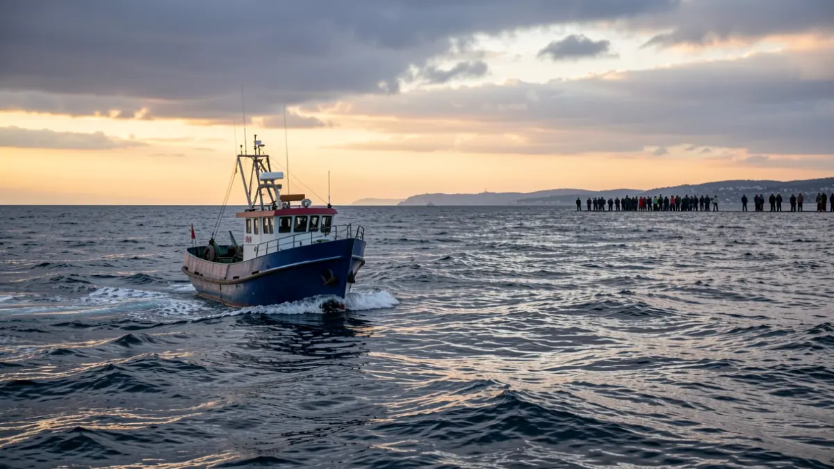 Generic image of a fishing boat adrift at sea at dawn.