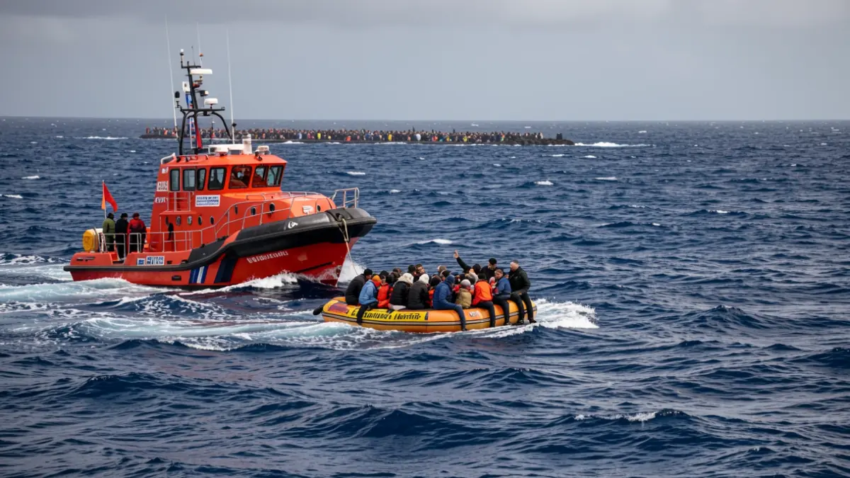 Imagen de una embarcación de Salvamento Marítimo rescatando migrantes de una patera en aguas cercanas a Canarias.