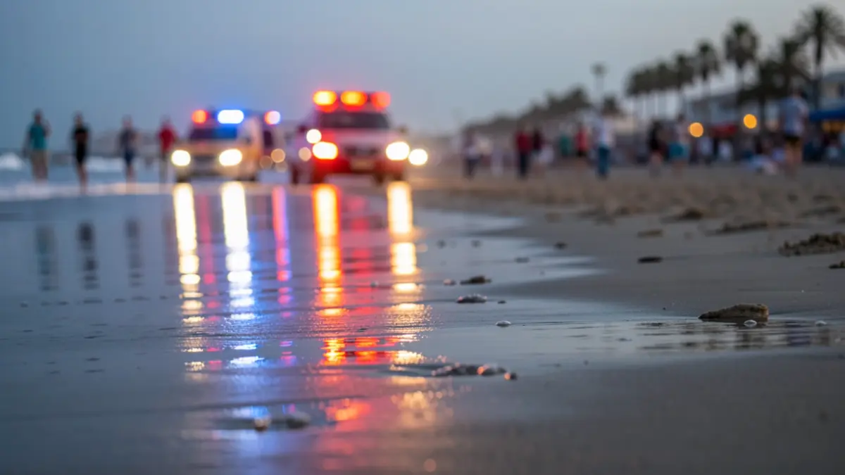 Imagen genérica de luces de emergencia reflejándose en la arena mojada de la playa de Las Canteras al atardecer.