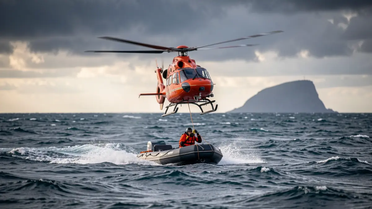 Rescue helicopter evacuating two castaways from a damaged boat in the open sea near Gran Canaria.