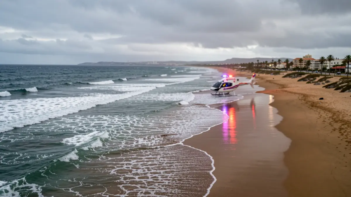 Generic image of Maspalomas beach with an emergency helicopter in the distance and emergency lights.