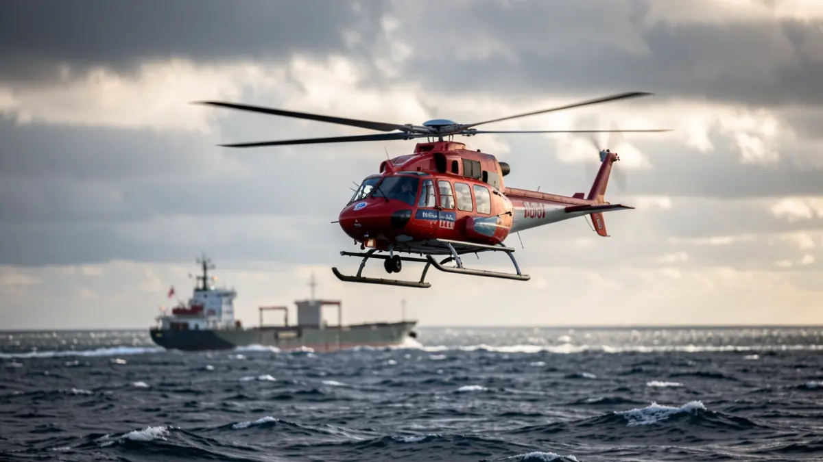 Helicóptero de rescate en alta mar sobre un buque.
