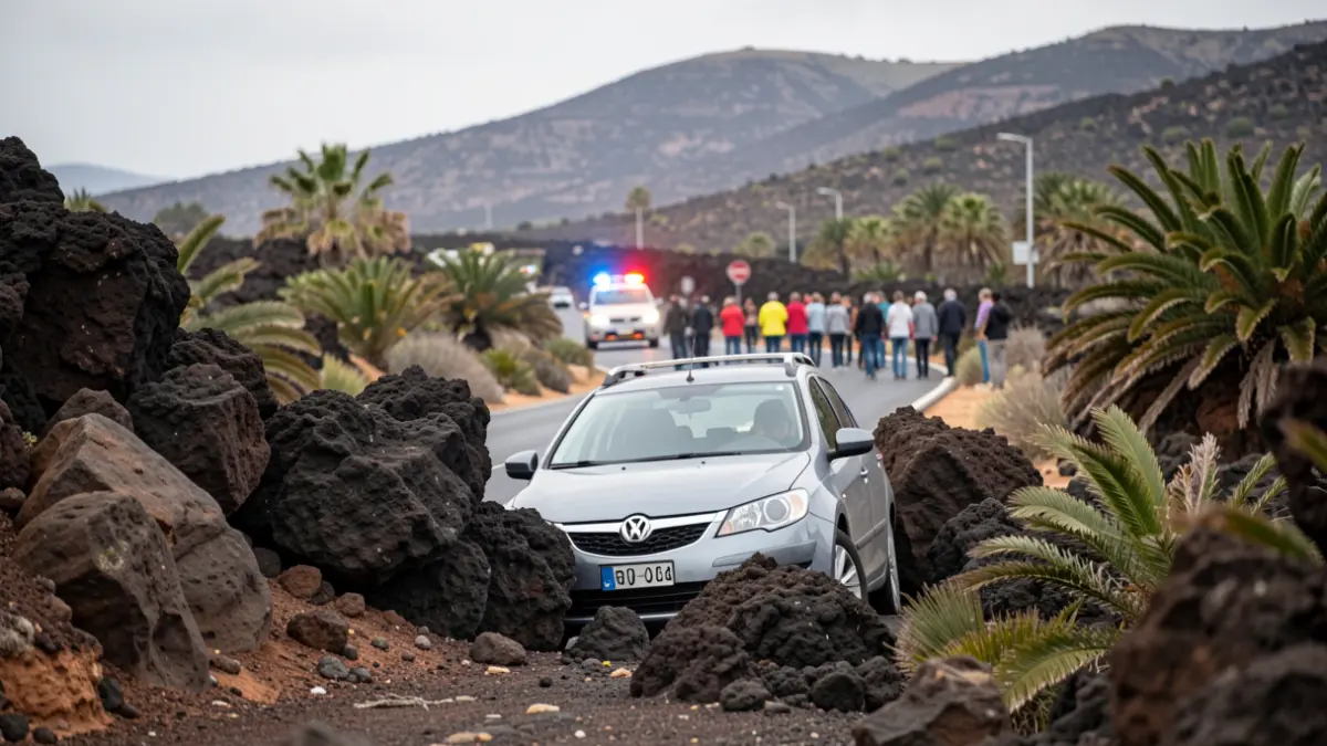 Generic image of a car stuck between rocks on a Gran Canaria road with blurred emergency lights.