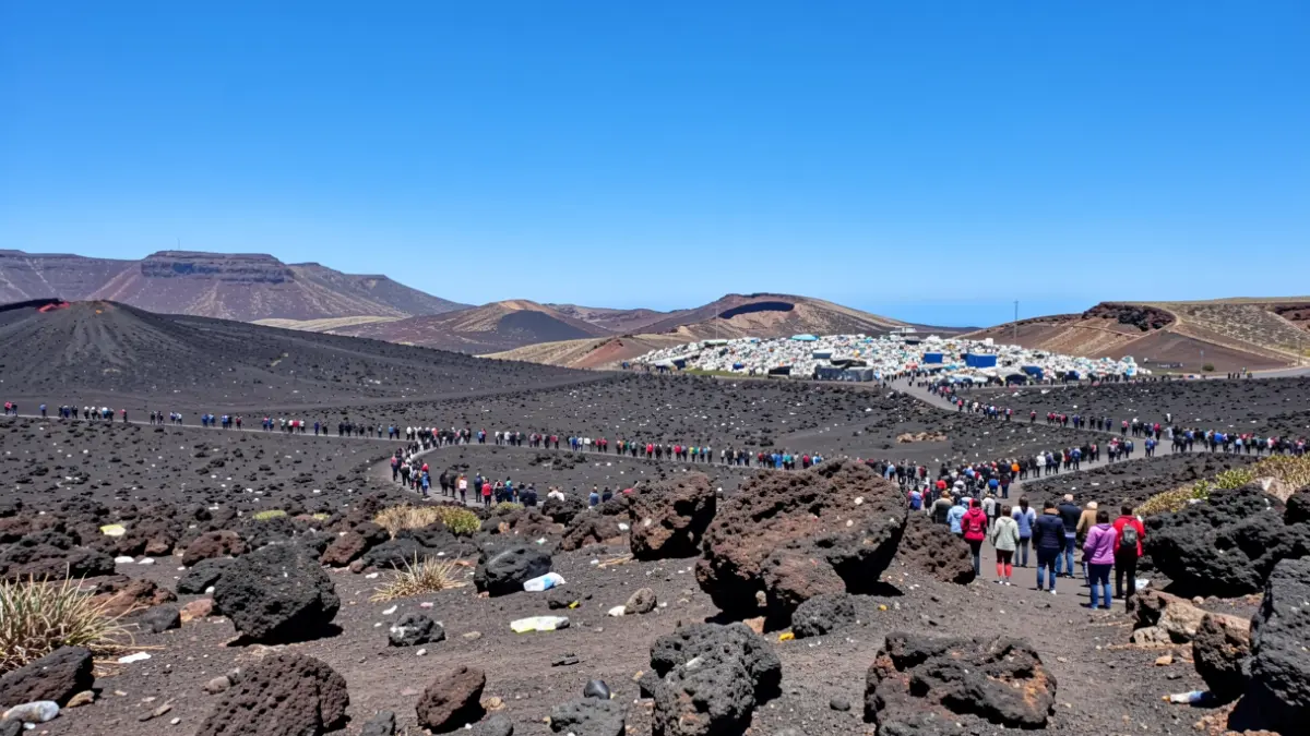 Volcanic landscape of the Canary Islands with a landfill in the background.