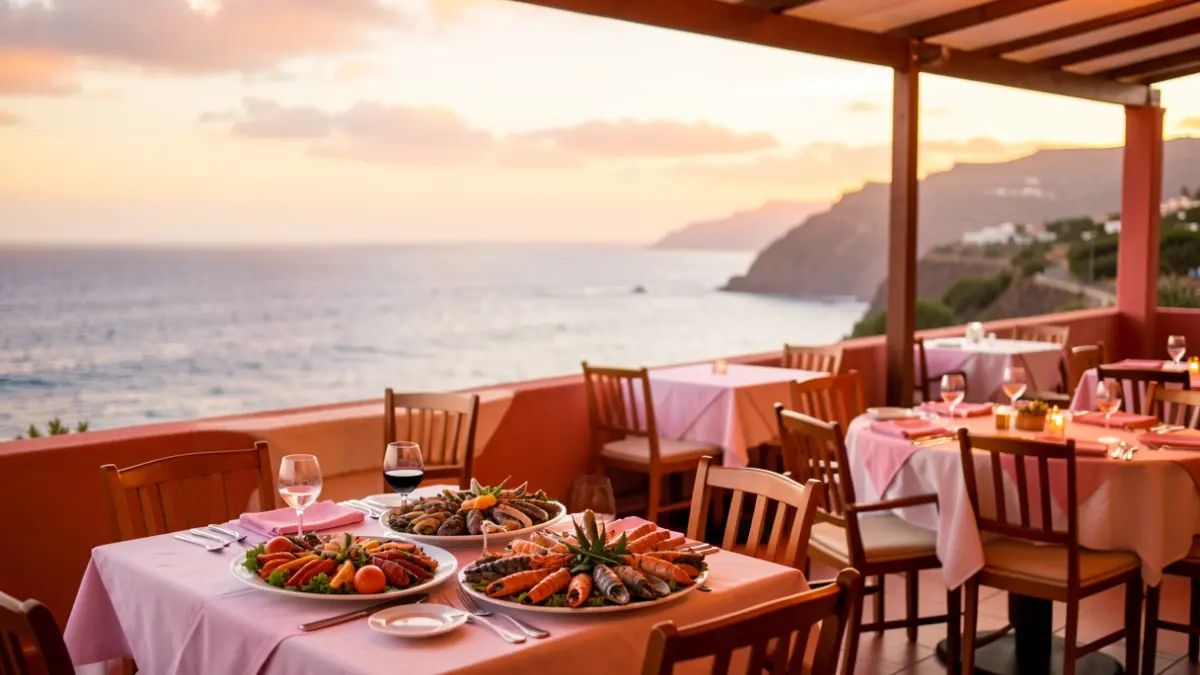 Seaside restaurant terrace in Tenerife with tables and ocean views at sunset.