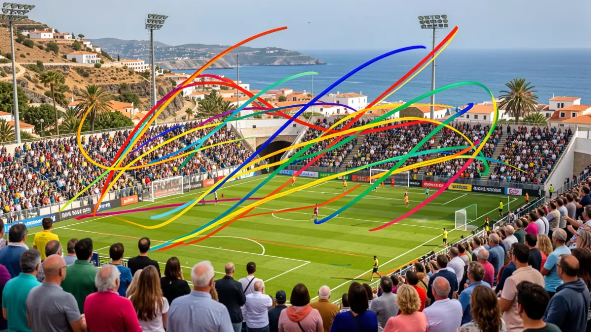 Imagen genérica de un partido de fútbol con líneas dinámicas y colores que representan la energía del juego.