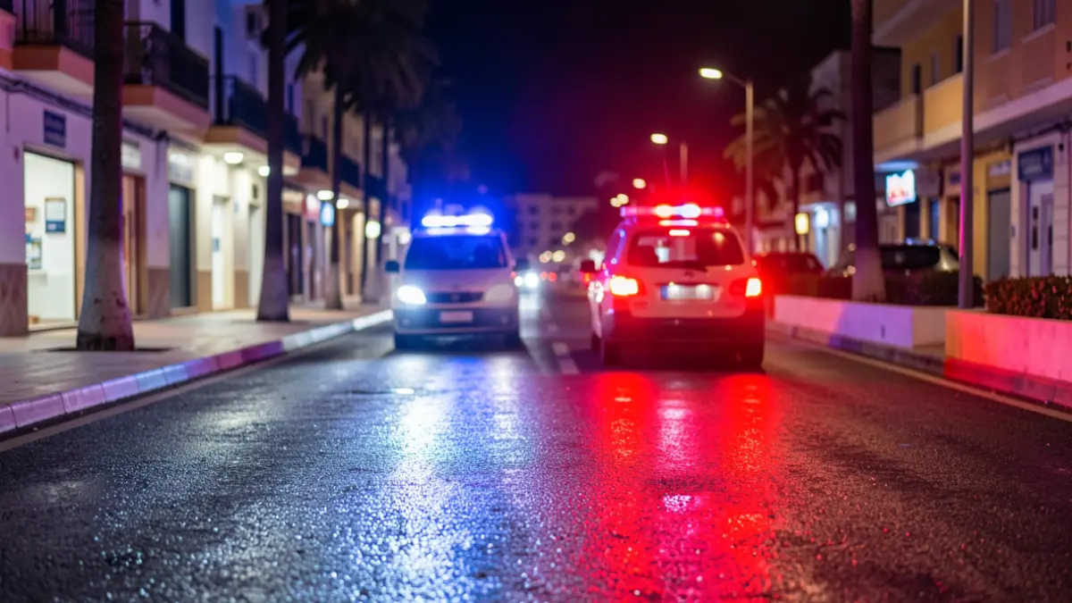 Generic image of police emergency lights reflecting on wet asphalt at night on an urban street.