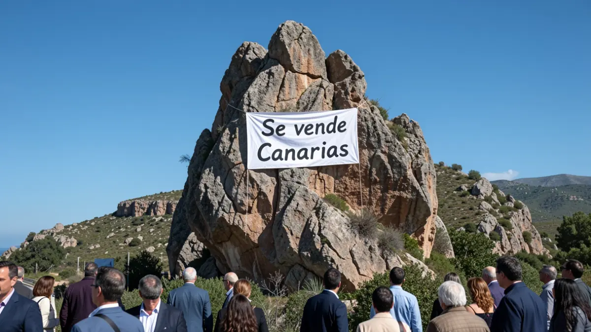 Pancarta con el lema 'Se vende Canarias' clavada en el Roque Nublo, un emblemático monumento natural de Gran Canaria.