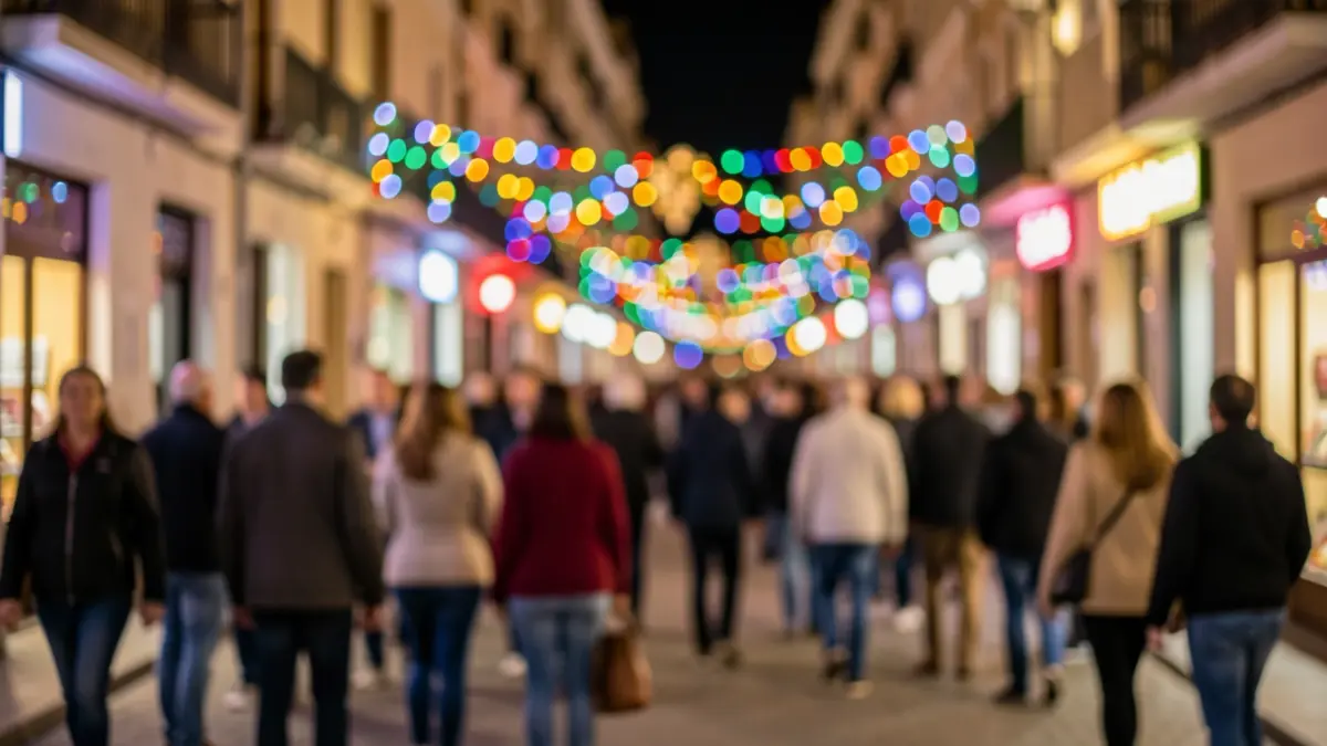 Imagen genérica de una celebración festiva nocturna con luces y gente borrosa.