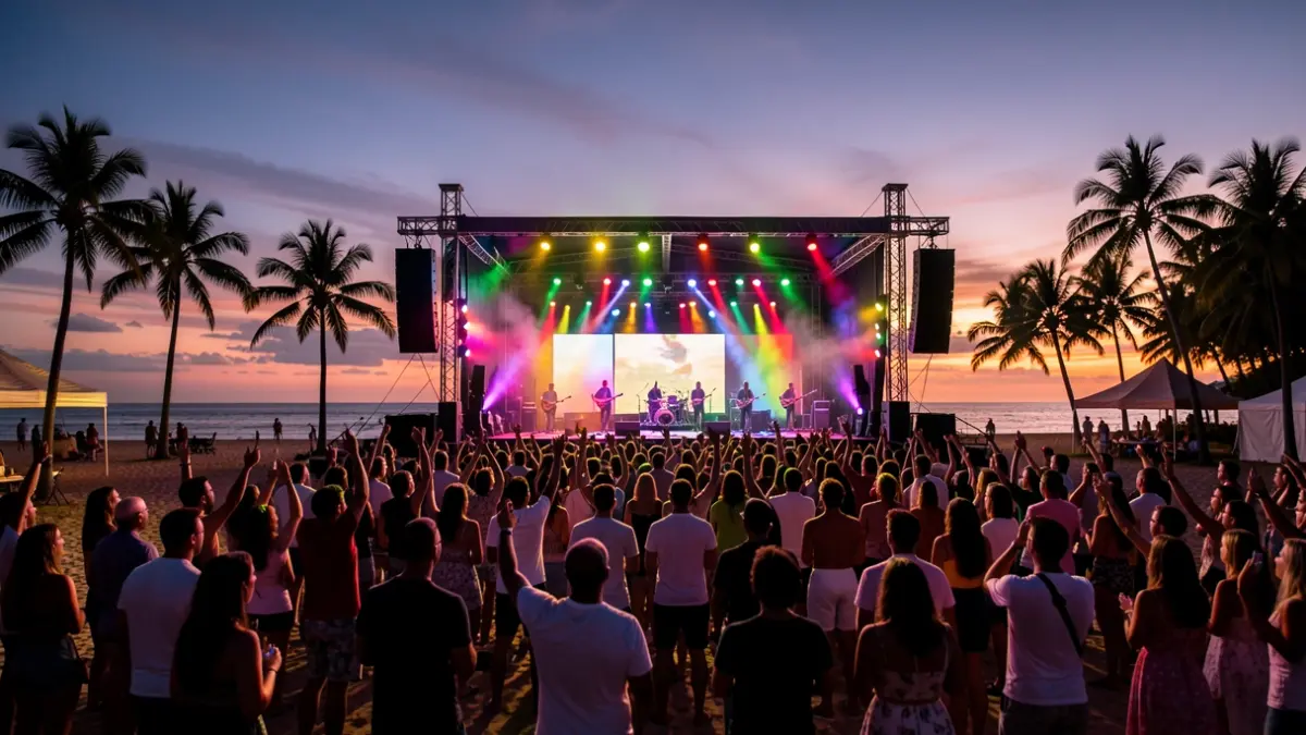 Generic image of an outdoor music festival at dusk with a crowd.