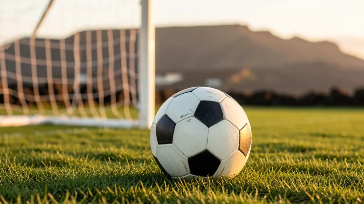 Primer plano de un balón de fútbol sobre césped, con la red de la portería desenfocada al fondo y el paisaje volcánico de Canarias a lo lejos.