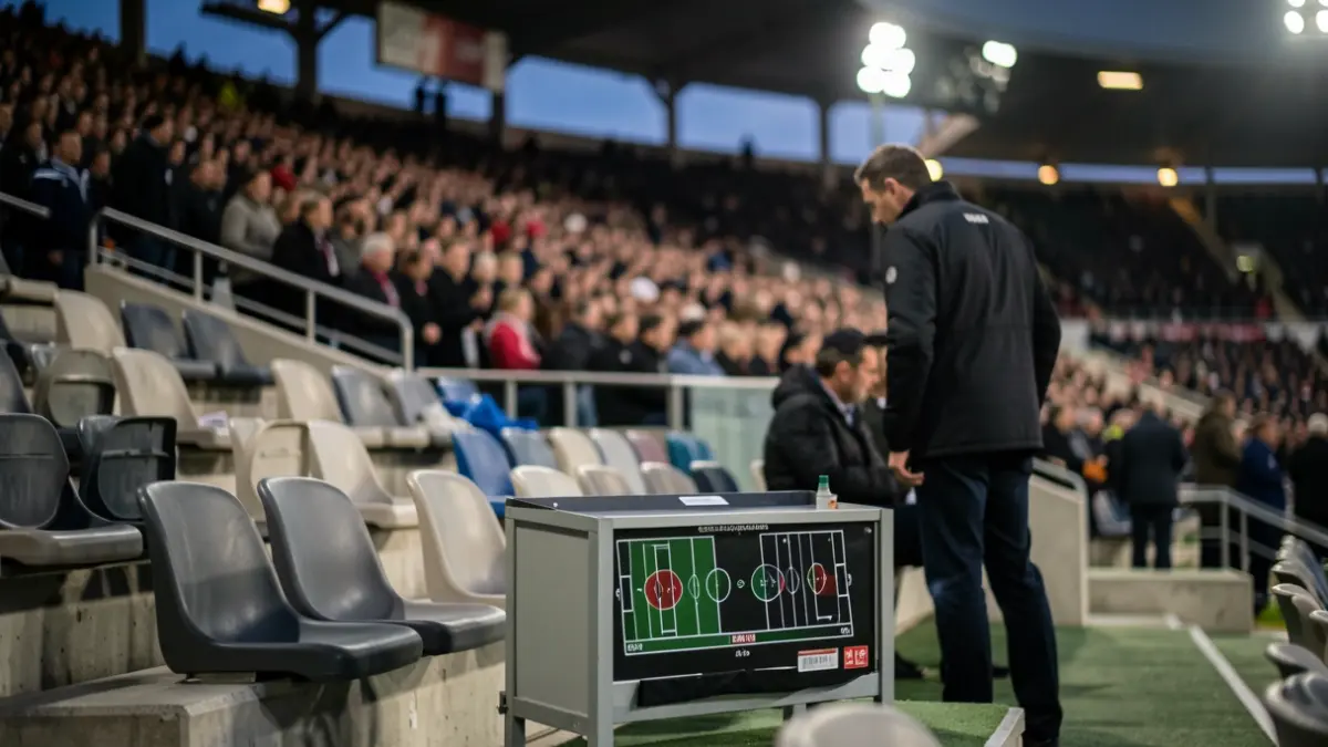 Generic image of an empty football coach's bench in a stadium at dusk.