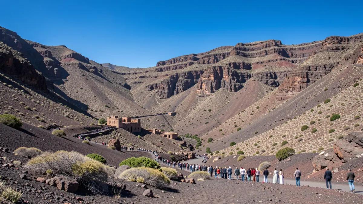 Paisaje volcánico de Gran Canaria con formaciones rocosas y vegetación escasa, evocando escenarios históricos.