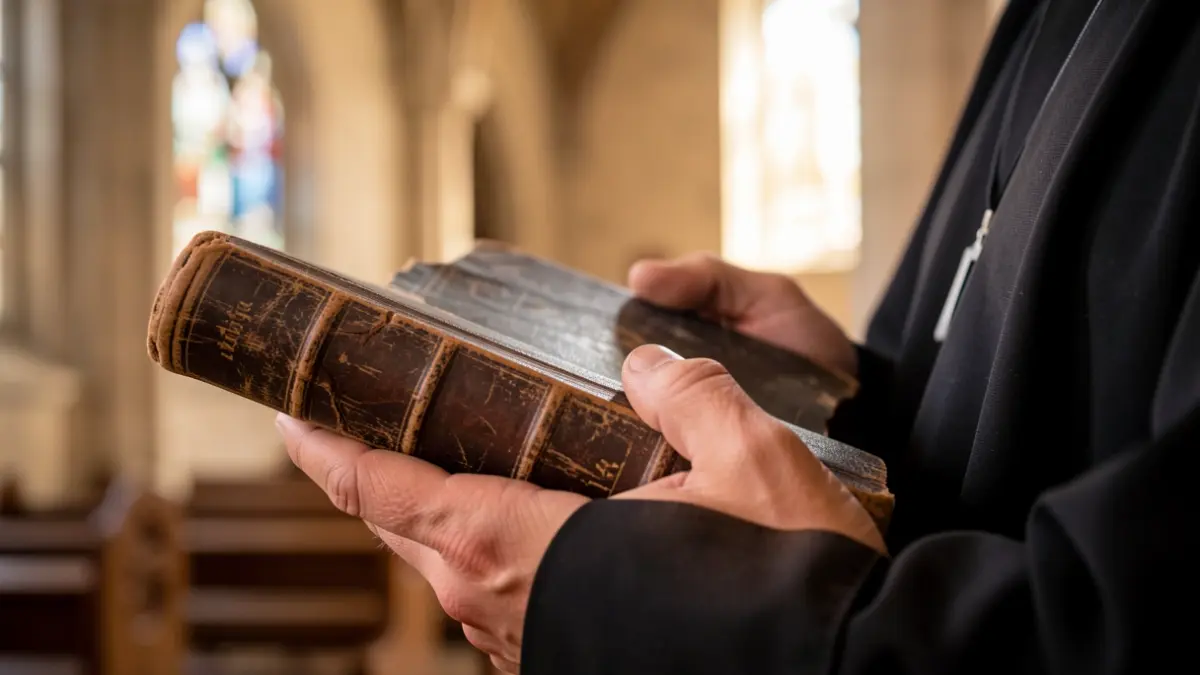 Close-up of a priest's hands holding a worn Bible, with a blurred background of a church interior and subtle hints of volcanic landscape.