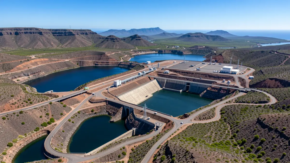 Vista aérea del proyecto hidroeléctrico Salto de Chira en Gran Canaria, mostrando embalses e infraestructura.