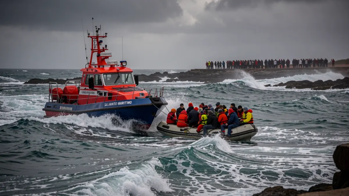 Imagen de una embarcación de Salvamento Marítimo rescatando migrantes de una patera cerca de Lanzarote.