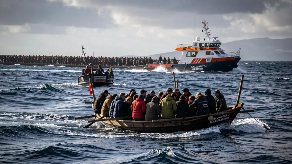 Embarcación de Salvamento Marítimo rescatando un cayuco en alta mar.