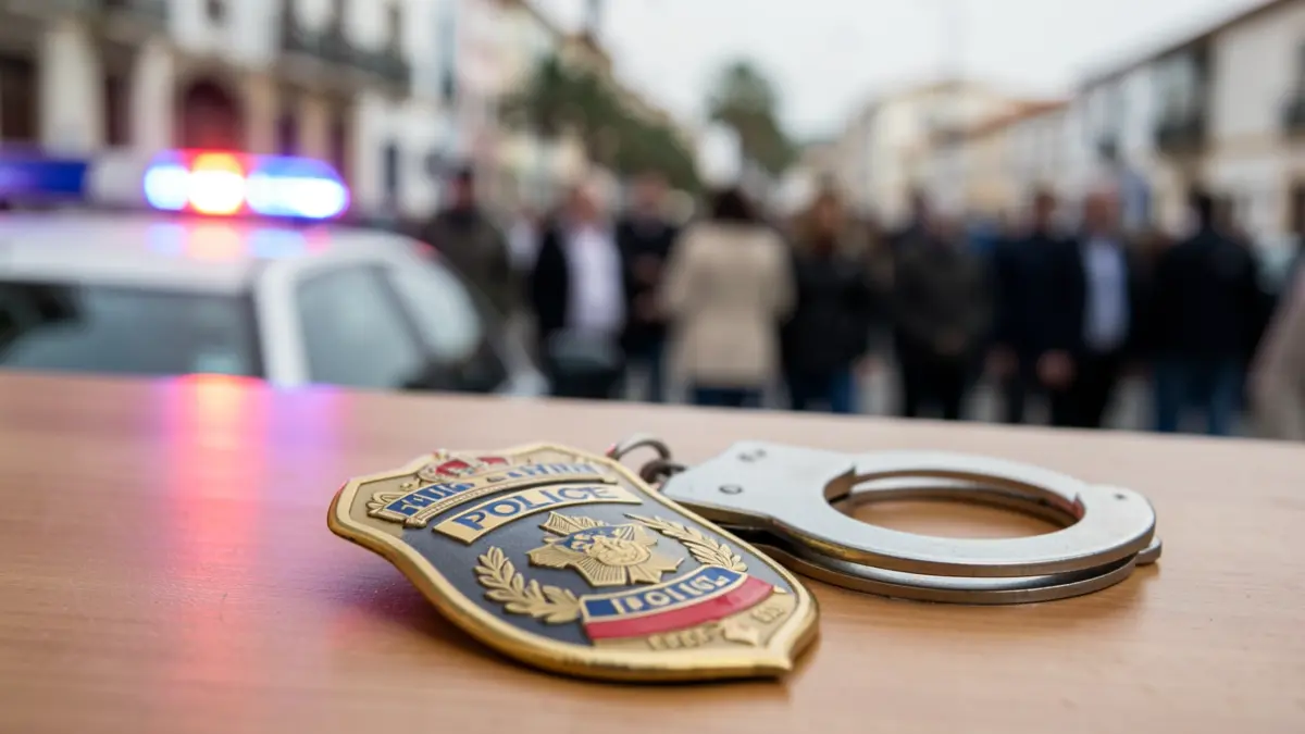 Placa de policía y esposas sobre un escritorio con luces de emergencia borrosas al fondo.