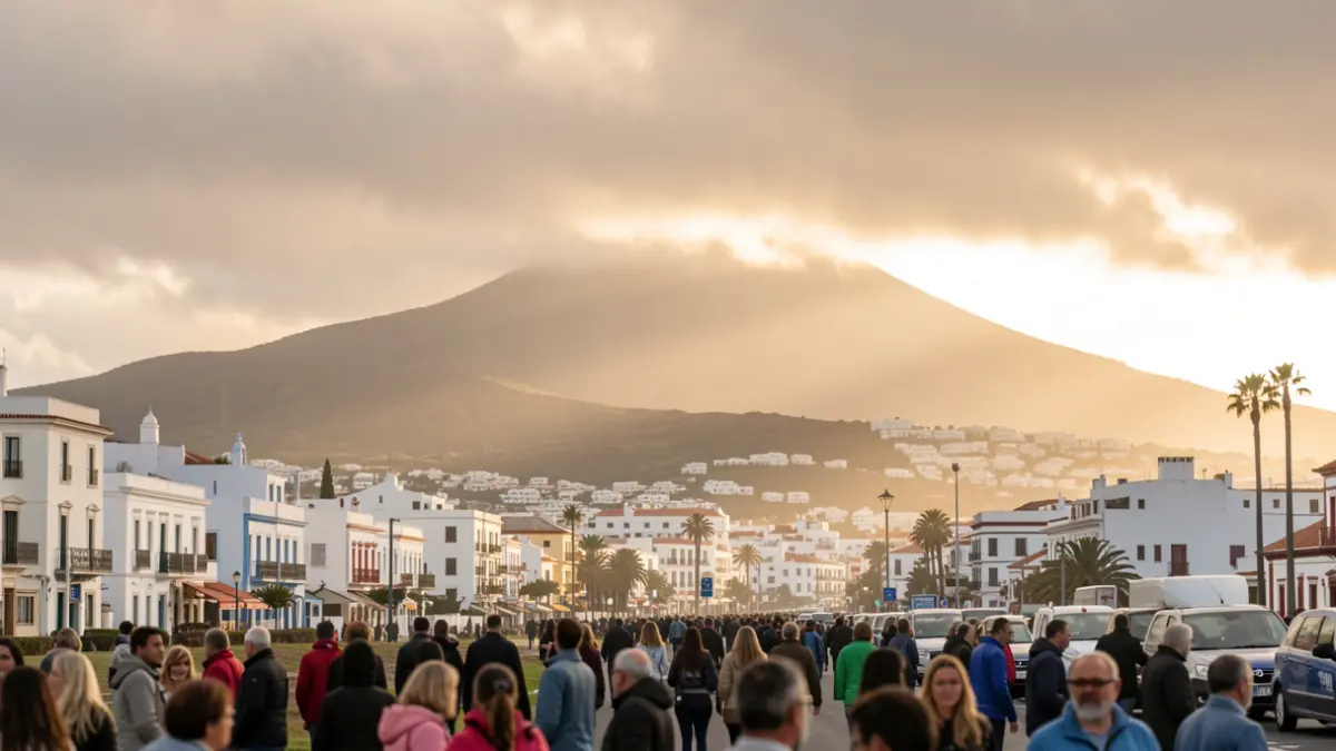 Generic image of a hazy day with sun breaking through over a volcanic landscape in Canarias.