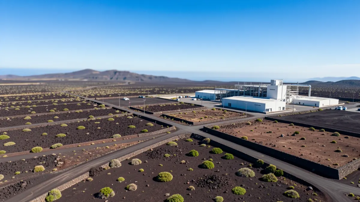 Aerial view of industrial plots in a volcanic landscape with an industrial laundry under construction.