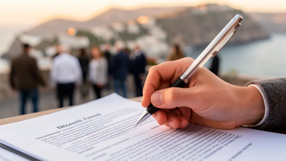 Close-up of a student's hand applying for financial aid with a Canary Islands landscape in the background.