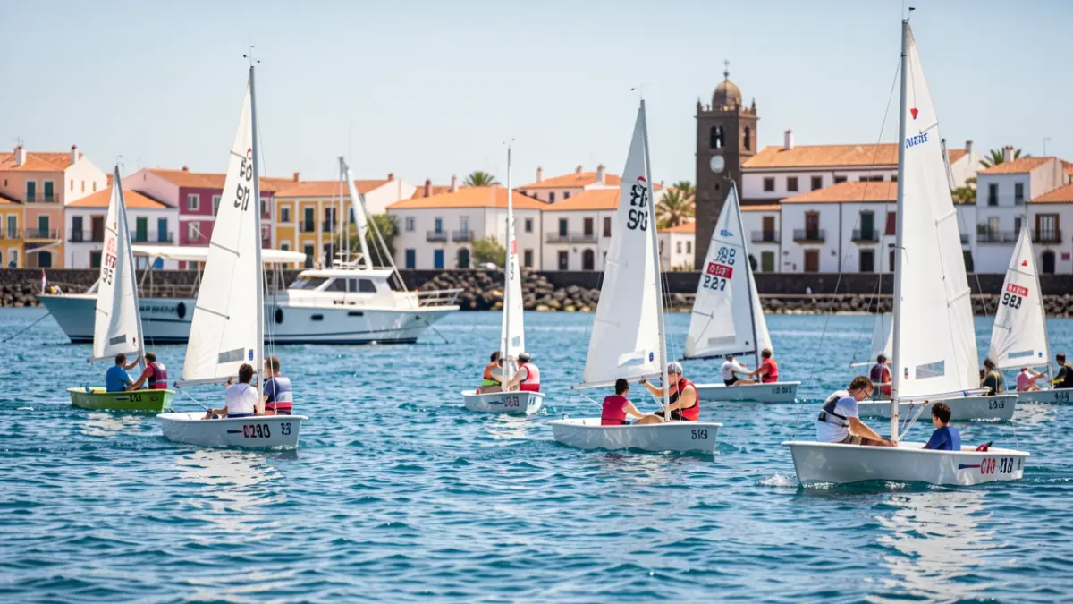 Image of the sailing school in San Sebastián de La Gomera with Optimist boats and a training vessel.