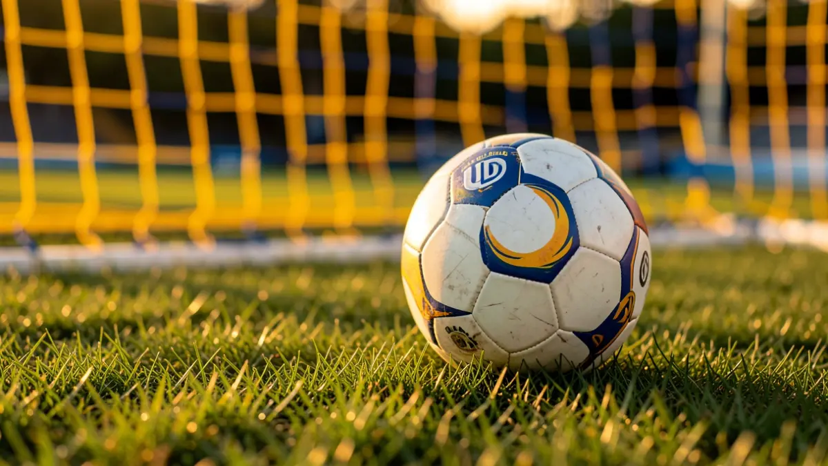 Generic image of a soccer ball on grass with the UD Las Palmas goal net in the background.