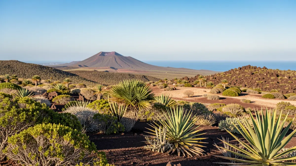 Diverse landscape of Gran Canaria with varied vegetation and the ocean in the background.