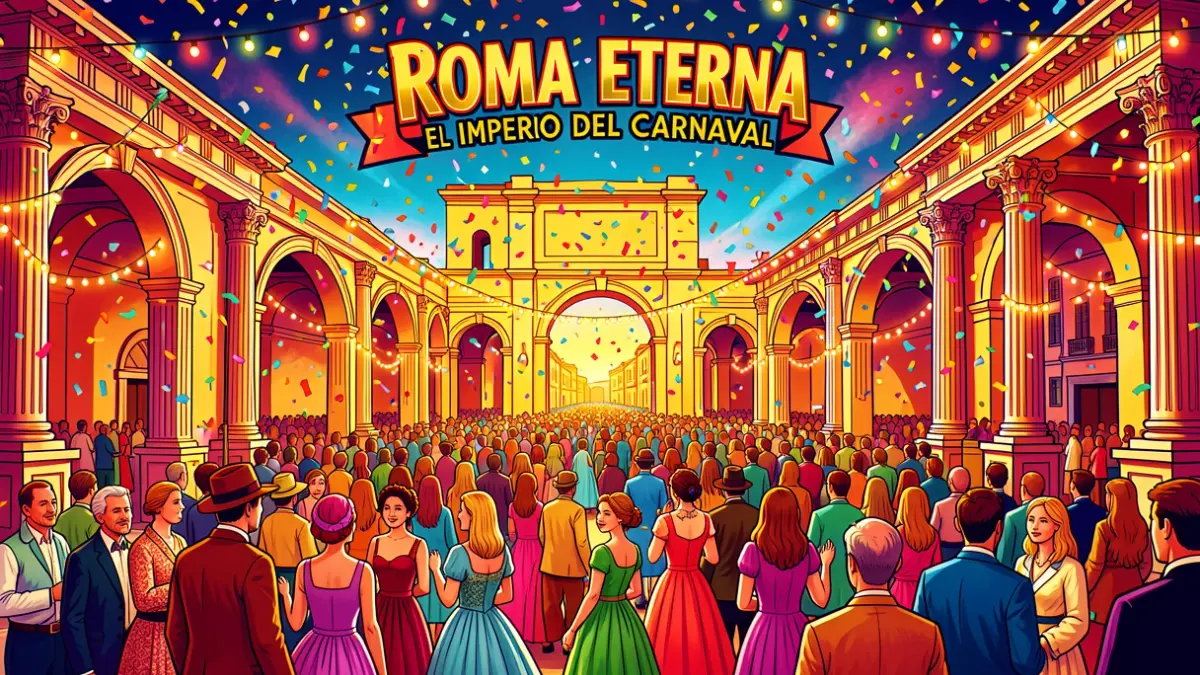 Carnival poster design with Ancient Rome theme, featuring architectural elements and confetti.