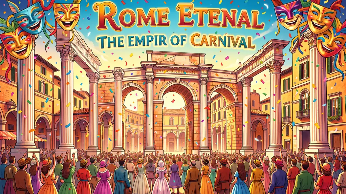 Ilustración vibrante y colorida para el cartel del Carnaval de Santa Cruz de Tenerife 2027, con elementos de la antigua Roma y motivos festivos.