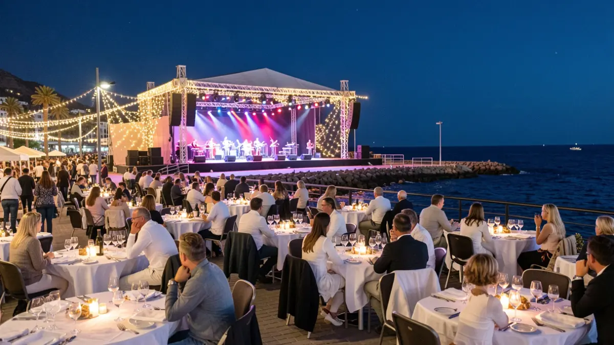 Imagen de la explanada del Puerto de Santa Cruz de Tenerife preparada para un evento de verano con mesas vestidas de blanco y un escenario.