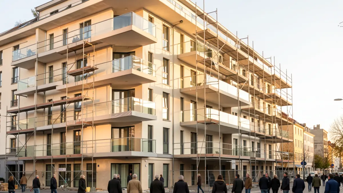 Facade of a residential building undergoing renovation with scaffolding and sunlight.