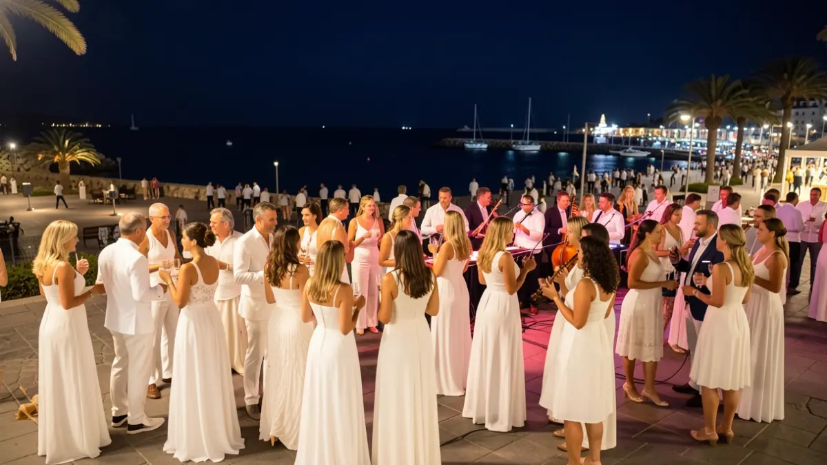 Imagen genérica de un evento nocturno festivo en el puerto de Santa Cruz de Tenerife con música y gente vestida de blanco.