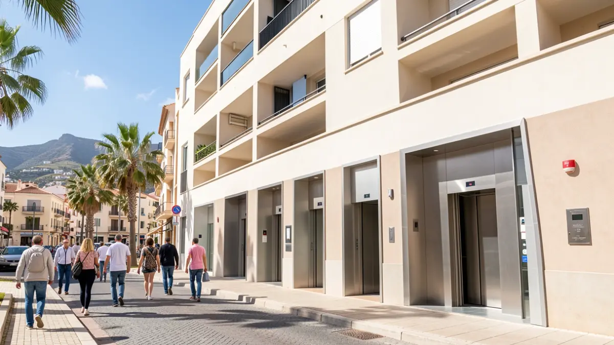 Image of a residential building in Añaza, Santa Cruz de Tenerife, with newly installed elevators.