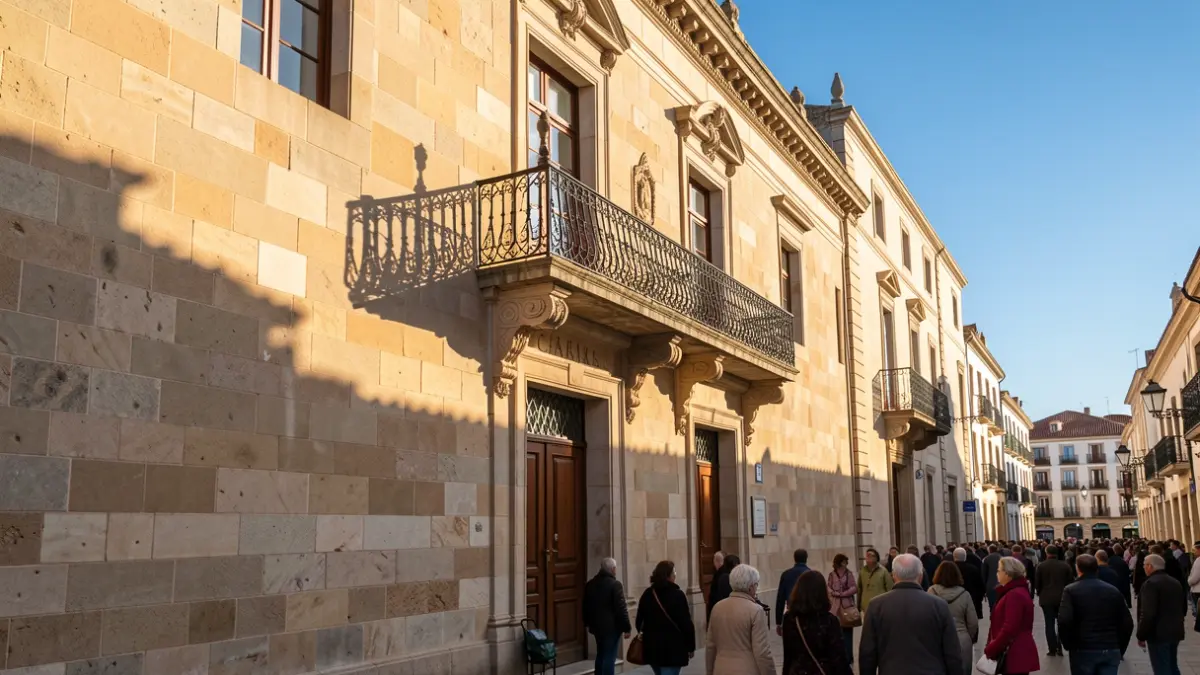 Fachada de un ayuntamiento canario con balcón y barandillas de hierro, luz de sol de la tarde proyectando sombras sobre las paredes de arenisca, cielo azul.