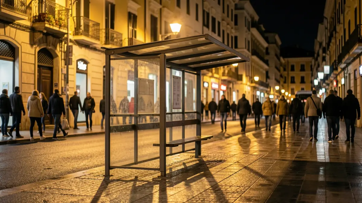 Generic image of an urban public transport stop at night.