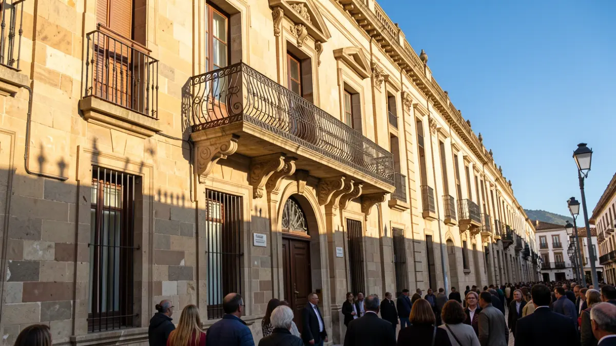 Fachada de un ayuntamiento canario con balcón y barandillas de hierro, luz cálida de la tarde.