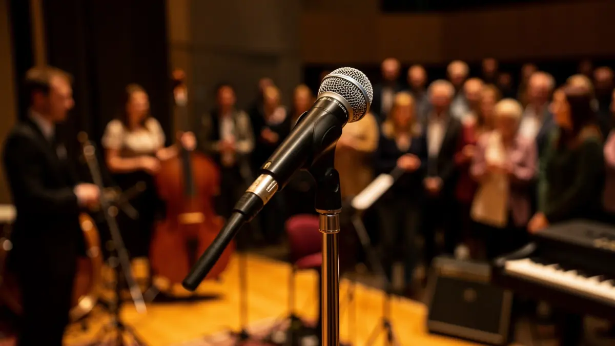 Generic image of a microphone in a recording studio.