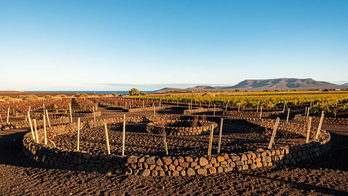 Paisaje de La Geria en Lanzarote, con viñedos protegidos por círculos de piedra volcánica.