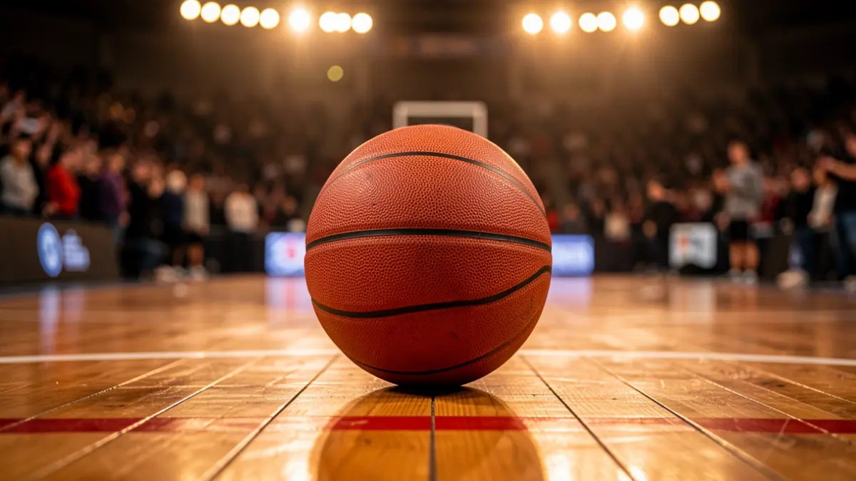 Close-up of a basketball on a court floor, with blurred stadium lights in the background.