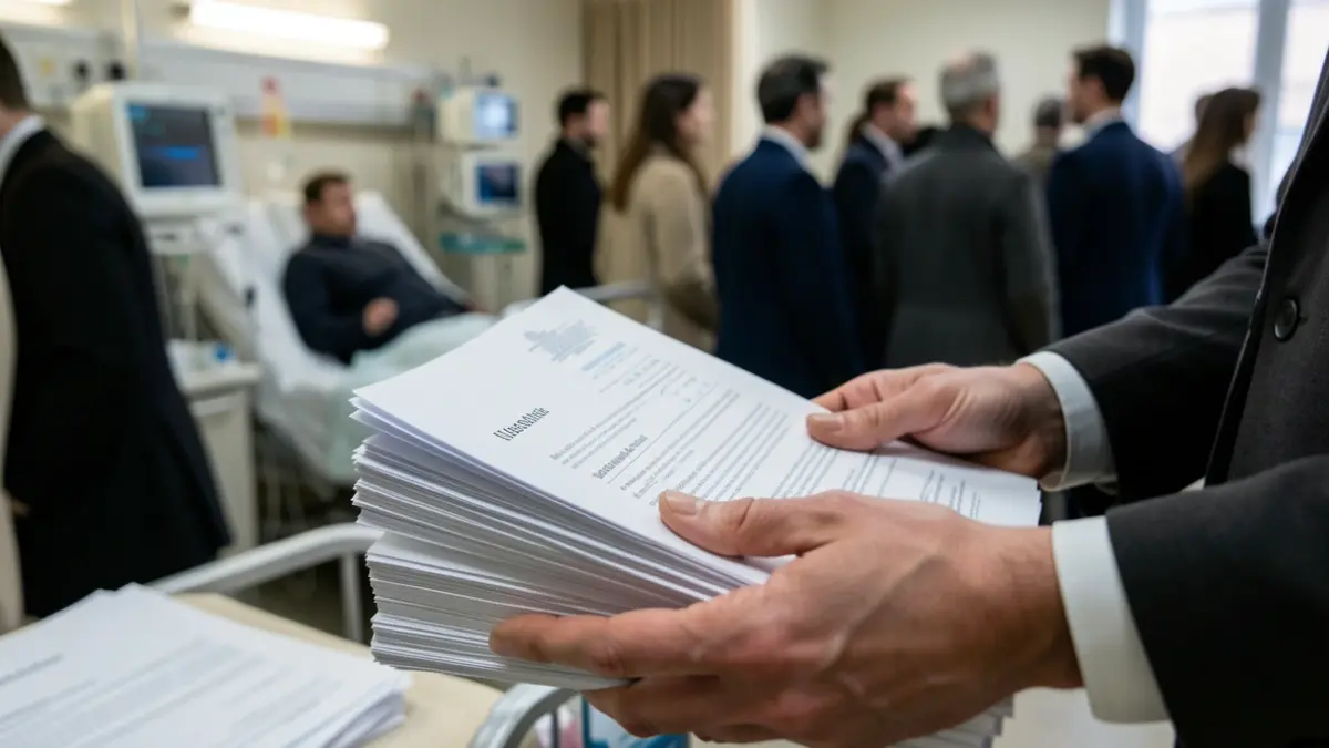 Generic image of hands with papers and medical equipment in the background.