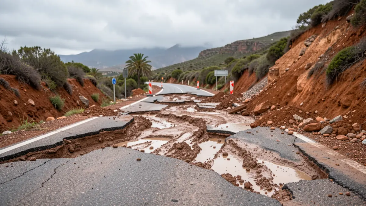 Imagen de una carretera dañada en Gran Canaria tras la borrasca Therese, con trabajos de reparación en curso.