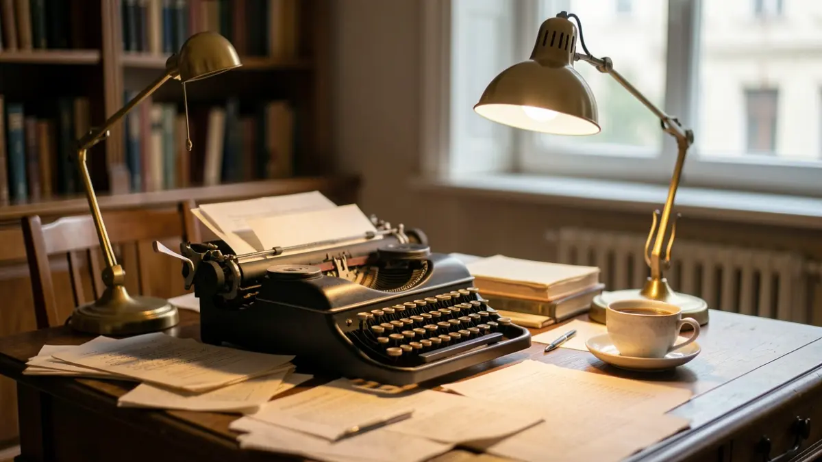 Generic image of a writer's desk with an old typewriter and warm light.