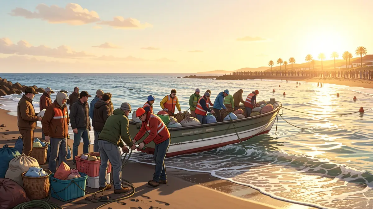 Ilustración simbólica de voluntarios ayudando a migrantes en Lanzarote.